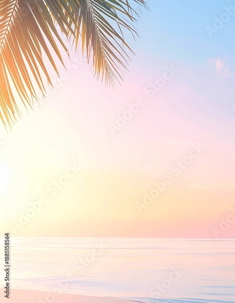 Fototapeta パームリーフとパステルな空が広がる暖かいトロピカルビーチ背景
