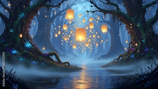 Obraz Mystical Forest with Floating Lanterns