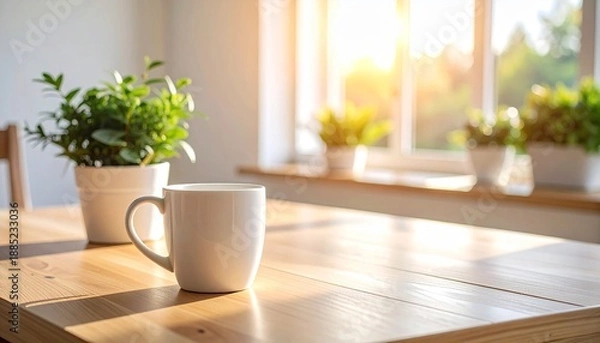 Fototapeta 柔らかな自然光が差し込むテーブルに置かれたシンプルなマグカップ。心が落ち着く穏やかな日常やリラックスした時間を表現。朝のひととき、在宅ワーク、ライフスタイル、広告やWebデザインに使いやすいナチュラルなAI画像。