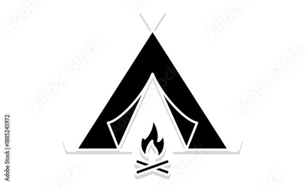 Fototapeta 趣味のキャンプ：テントと焚き火のシンプルなアイコンイラスト