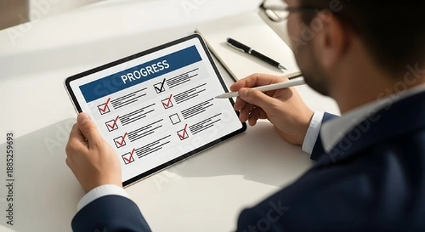 Obraz Businessman analyzing progress chart on tablet for future development and growth