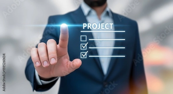 Obraz Making progress in business a man interacting with a virtual project checklist