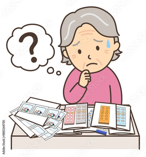 Obraz たくさんの薬を見て困った様子のおばあさん