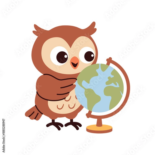 Obraz Curious Owl Learning Geography with Globe Vector Illustration