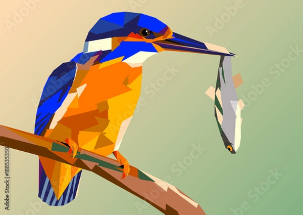 Fototapeta bird kingfisher on a branch with fish in its beak,mosaic multicolored on a colored background without a contour