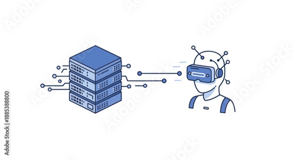 Obraz Server stack connecting to a person wearing a VR headset via data lines