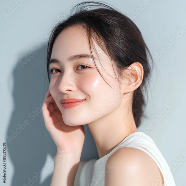 Obraz 艶のある美しい肌の笑顔の女性。 美容、スキンケア、素材