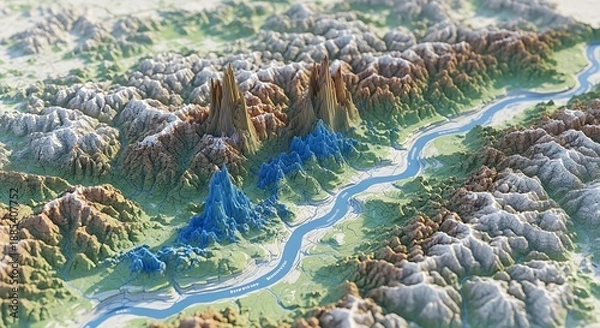 Obraz Stunning 3D topographic map showing river through mountains