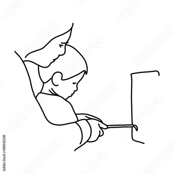 Fototapeta mother teaching her kids to paint with paintbrush vector illustration sketch hand drawn with black lines, isolated on white background. family concept.