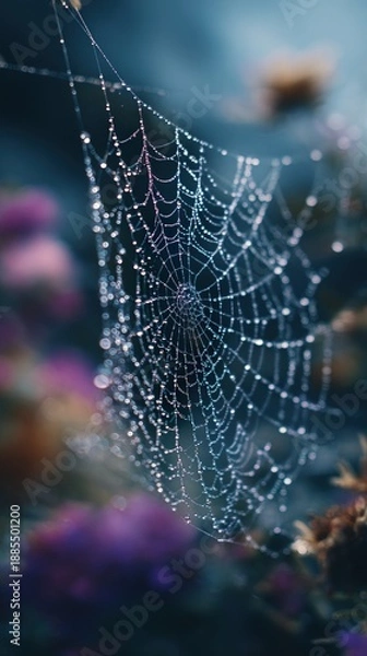 Obraz Dew-covered spider web in a tranquil garden setting