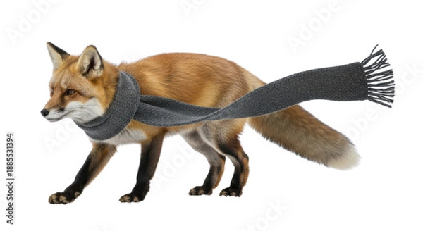 Fototapeta 白い背景にグレーのマフラーを巻いたアカギツネの横向きショット