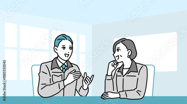 Obraz 会議室で話している作業着の男女のイラスト