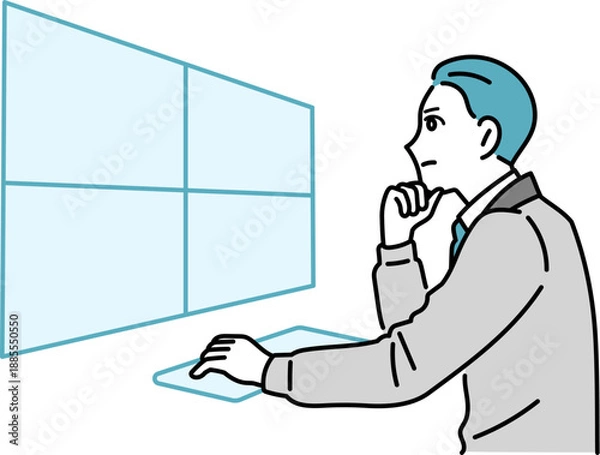 Obraz デスクで作業をしている作業着の男性のイラスト