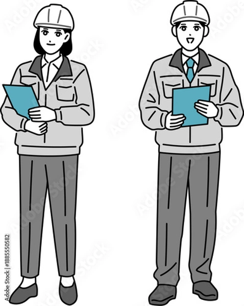 Obraz ヘルメットをしている作業員の男女の全身イラスト