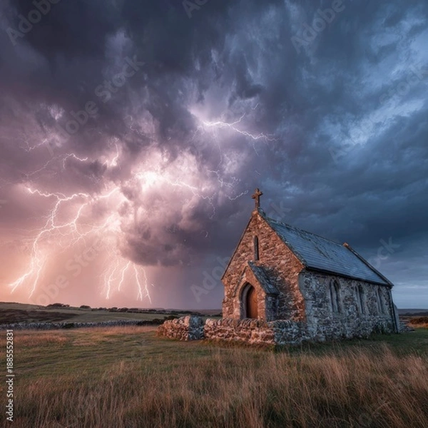 Obraz Dramatic storm clouds over an isolated stone chapel.
