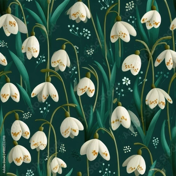 Obraz Delicate snowdrop flowers pattern on a dark green background.