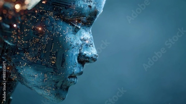 Obraz AI humanoid digital face shown from the side with circuit elements on a blue tech background, symbolizing artificial intelligence. 