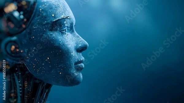 Obraz AI humanoid digital face shown from the side with circuit elements on a blue tech background, symbolizing artificial intelligence. 