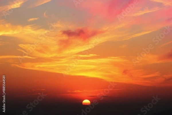 Obraz a sunset with clouds and a plane flying over it