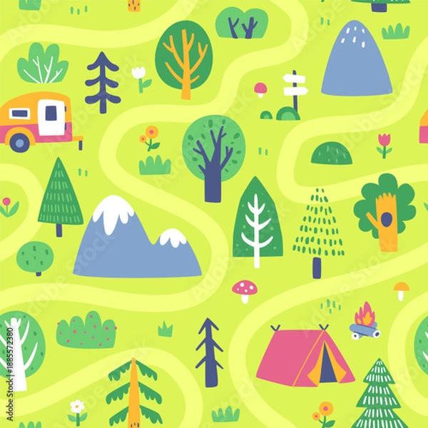 Obraz Camping map pattern. Seamless doodle valley vector print for kids carpet.