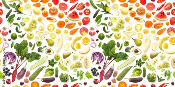 Fototapeta  Seamless pattern of various fresh vegetables and fruits isolated on white background, top view, flat lay. Composition of food, concept of healthy eating. Food texture.