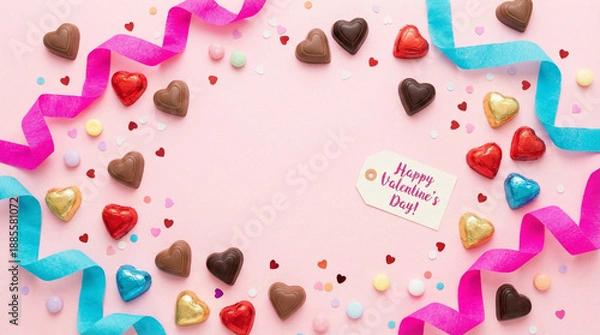 Obraz カラフルなハートのチョコレートとリボンのバレンタインフレーム