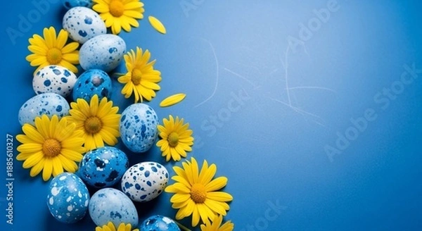 Obraz Easter eggs and daisies on blue background with copy space.
