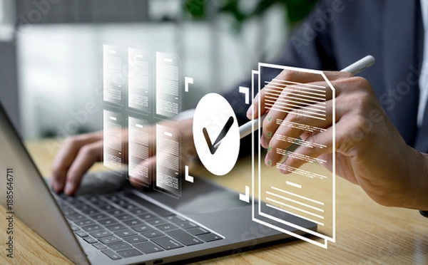 Obraz A professional completes approval using a digital checklist, validating documents to express quality control, accurate verification, and efficient workflow management in modern paperless systems.