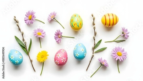 Obraz Pastel Easter Eggs with Spring Flowers Still Life.