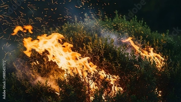 Obraz Wild Brush Fire Illuminates Nighttime Landscape.