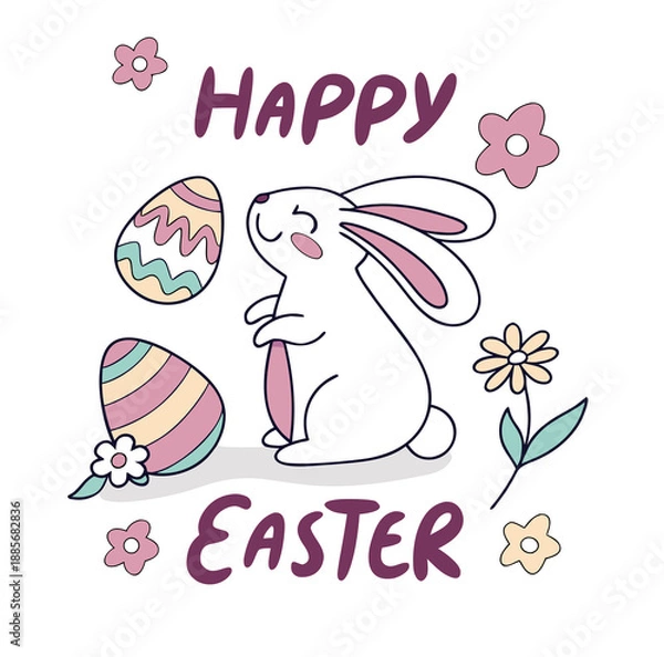 Obraz Sleeping White Bunny with Flowers and Patterned Easter Eggs