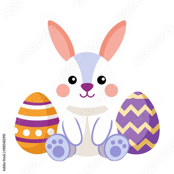 Obraz  White Easter Rabbit Sitting Between Patterned Eggs Illustration