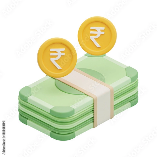 Obraz 3d Indian Rupee Banknotes and Coins Stack