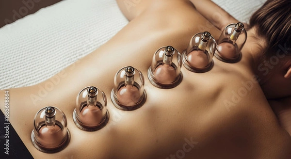 Fototapeta 등 위에 투명한 부항, 편안한 클로즈업