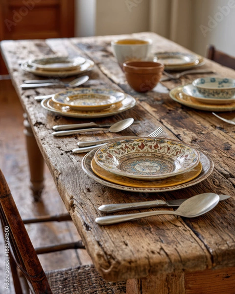 Fototapeta rustic dining table with mismatched dinnerware