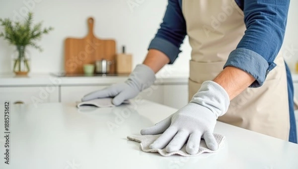 Obraz man wipes the table with a rag