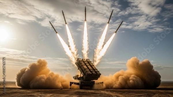 Obraz Missile defense system launching multiple rockets into sky