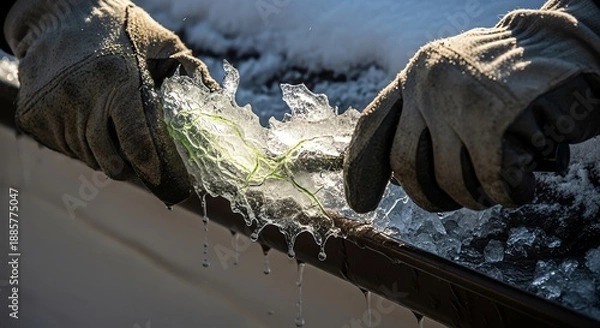 Fototapeta Removing ice from gutter with gloved hands