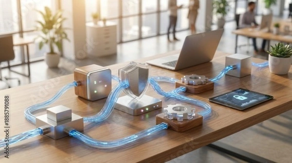 Obraz Modern office workspace with technology models, simulated data flow, and cybersecurity elements on a wooden table surface