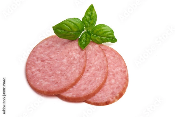 Obraz Smoked sausage salami, close-up, isolated on white background.