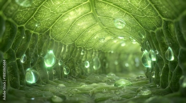 Obraz 瑞々しい緑の葉脈内部を流れる水滴と細胞構造のミクロな世界 generative ai