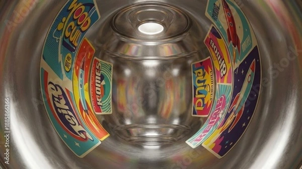 Obraz カラフルなステッカーが貼られた金属パイプ内部のポップなトンネル空間 generative ai