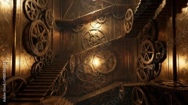 Obraz 巨大な歯車と階段が入り組むスチームパンク風の機械仕掛けの内部空間 generative ai