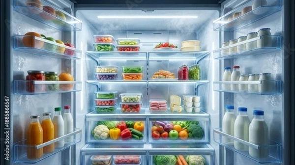 Obraz 新鮮な野菜や果物が綺麗に整頓された明るい冷蔵庫の内部空間 generative ai
