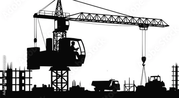 Fototapeta Construction Crane Operator Silhouette Vector – Infrastructure Development Concept