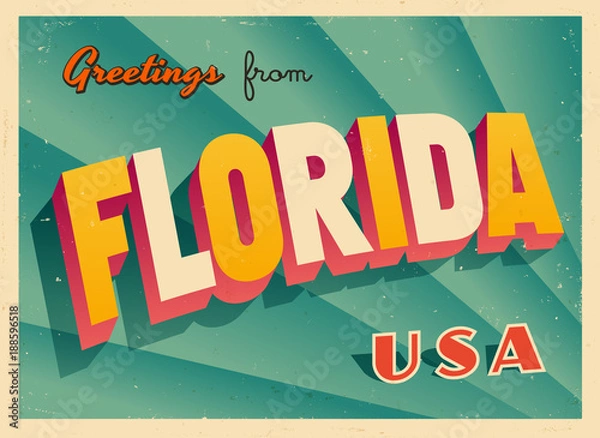Fototapeta Archiwalne życzenia turystyczne z Florydy, USA Pocztówka - wektor Eps10. Efekty grunge można łatwo usunąć, aby uzyskać zupełnie nowy, czysty znak.