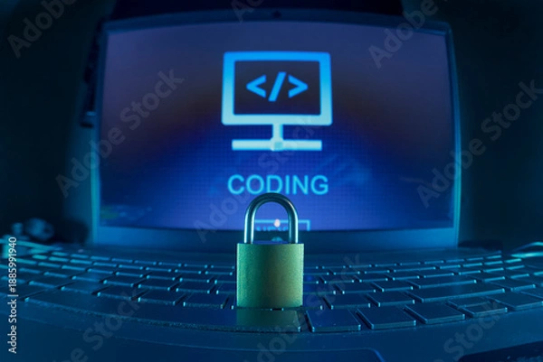 Obraz Coding Security On Laptop With Padlock Shield Emphasizing Digital Protection And Safe Computing