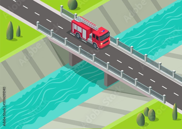 Obraz Fire trucks crossing the bridge