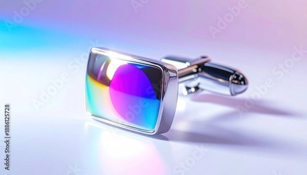 Fototapeta A single cufflink with a rectangular face, iridescent finish, silver frame, on white