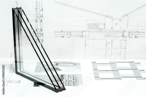 Fototapeta Przekrój okna Projekt profili pvc na okno, dobór krzyża potrójnego szybowego, rysunek techniczny na tle